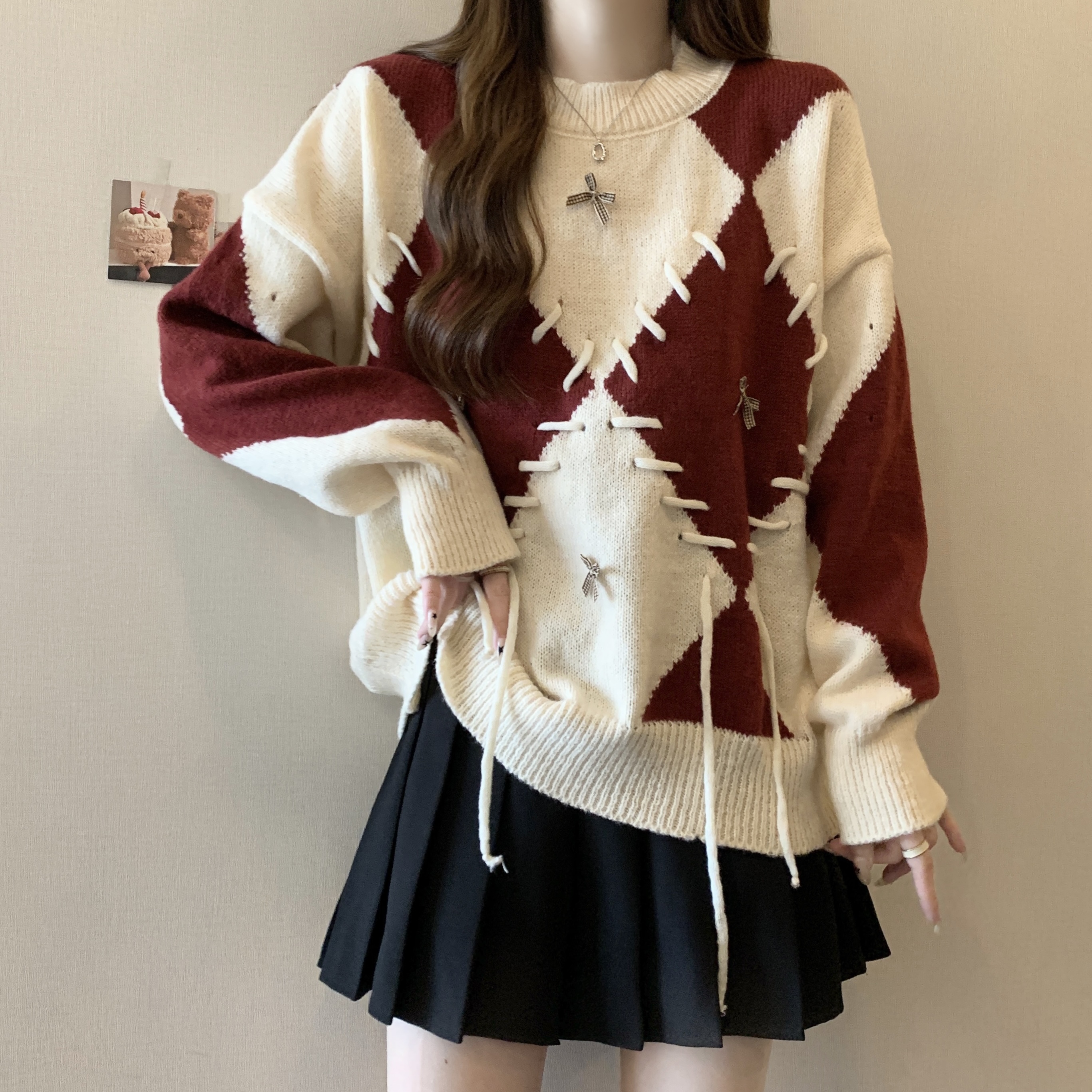 实拍秋冬季新款大码复古宽松撞色针织套头毛衣女